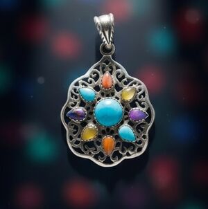 Multi-Stone Turquoise Floral Pendant Necklace - Women Jewelry